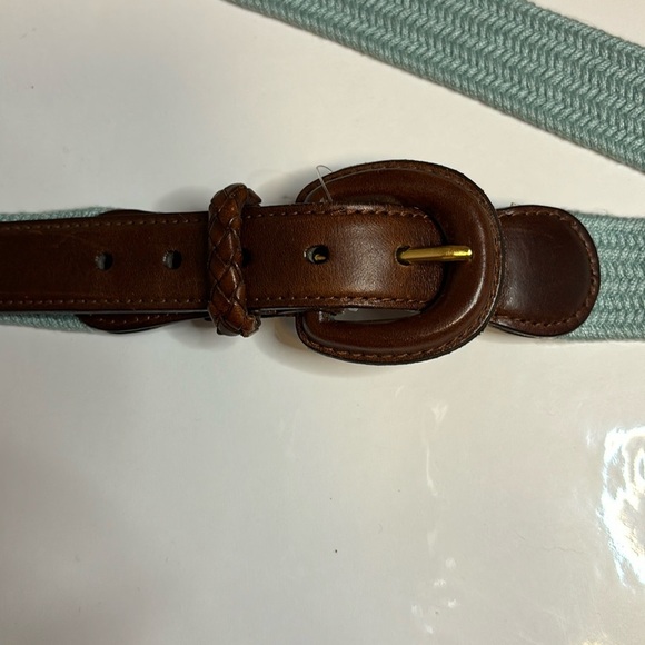 TALBOTS SKY BLUE CLOTH BELT WITH DARK BROWN LEATHER SIZE LARGE…47” LONG…1” WIDE - Picture 1 of 6